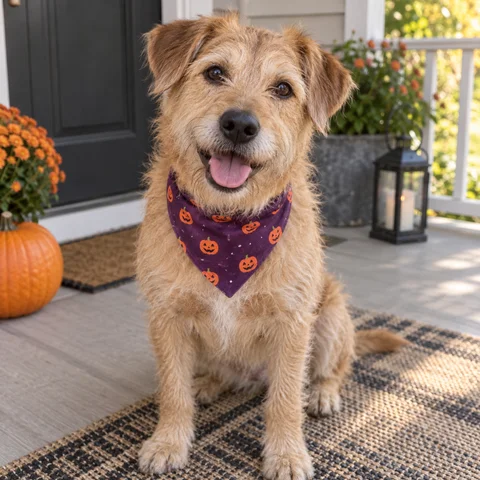 Temporary fictional dog photo: a tan dog wearing a purple Halloween bandana. To be replaced with Mike’s dog photo.