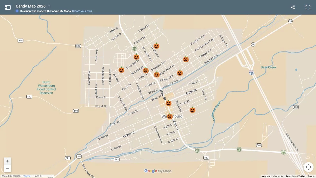 Closer preview of Halloween candy stops in Walsenburg, captured October 13, 2026.