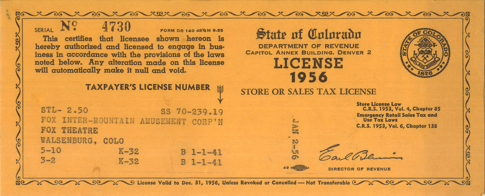 Colorado Department of Revenue Store or Sales Tax License for 1956, issued to Fox Inter-Mountain Amusement Corp’n, Fox Theatre, Walsenburg, Colorado, valid through 31 December 1956.