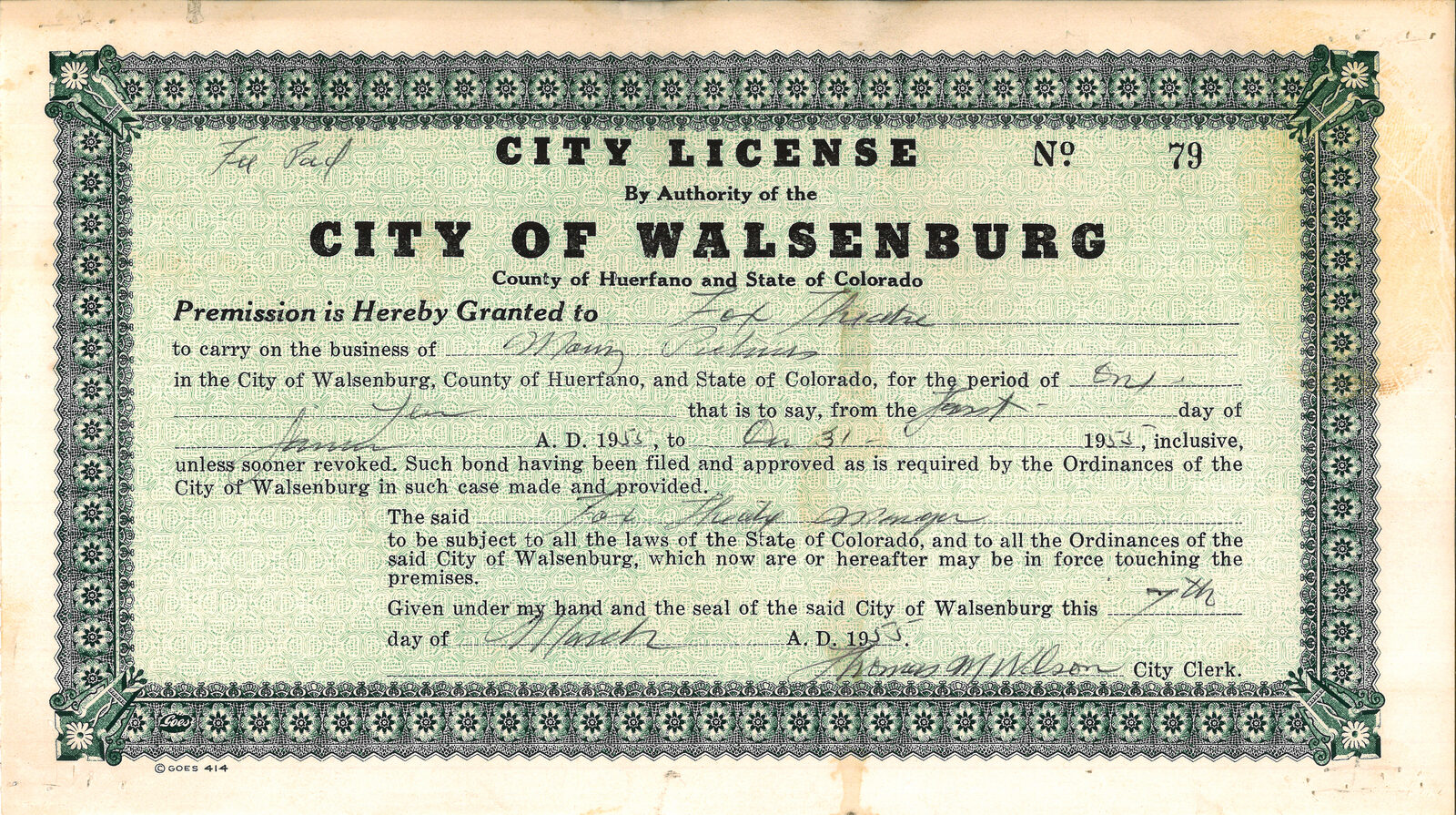 City of Walsenburg City License No. 79, issued 7 March 1955 to Fox Theatre for Movie Pictures, valid 1 January through 31 December 1955, signed by City Clerk Thomas M. Wilson.