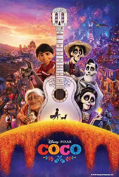 Official Disney/Pixar Coco artwork with Miguel, Dante, and family characters around a white guitar.