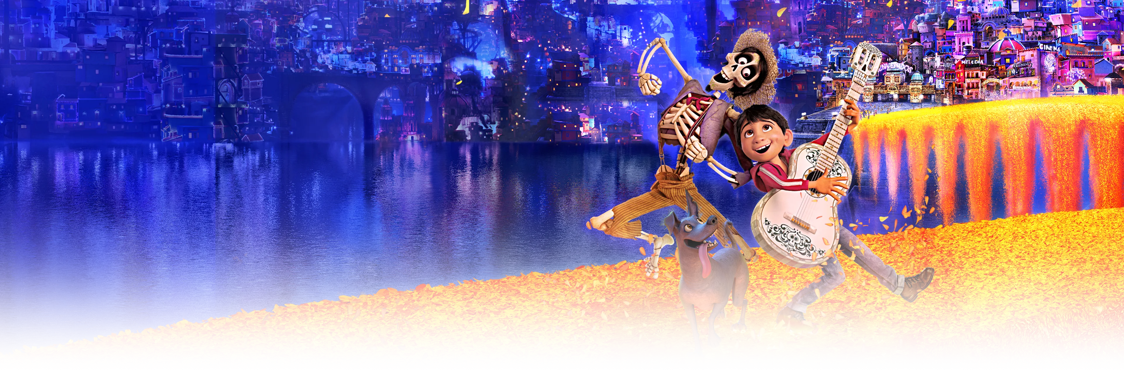 Miguel, Hector, and Dante run across a glowing marigold bridge in Disney/Pixar's Coco.
