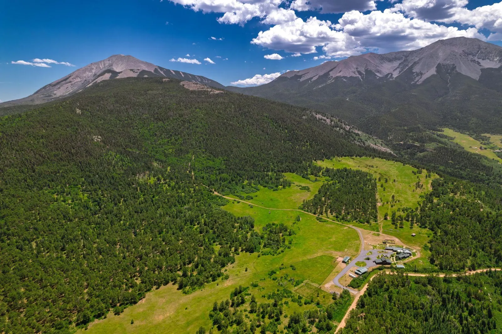 Aerial view of the Doubloon Ranch property in the forested mountains near La Veta.