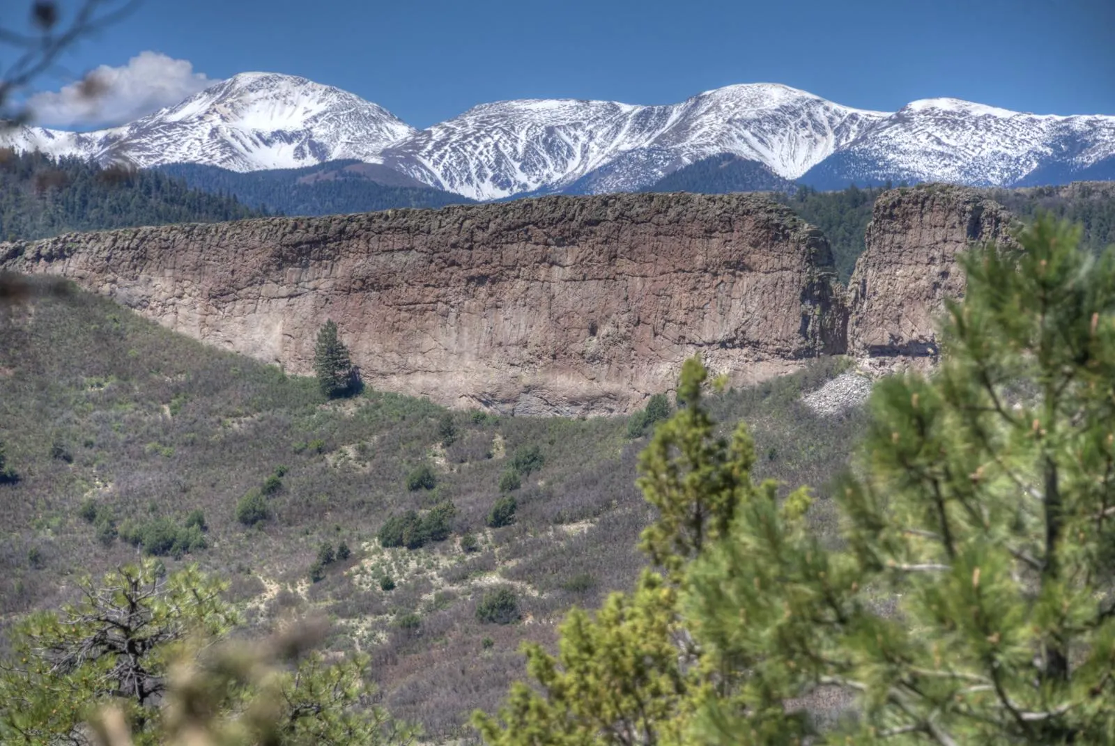 Snow-dusted Spanish Peaks viewed from the Highway of Legends.