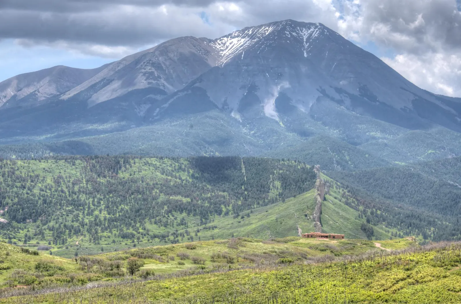 The Spanish Peaks above the green Cuchara valley.
