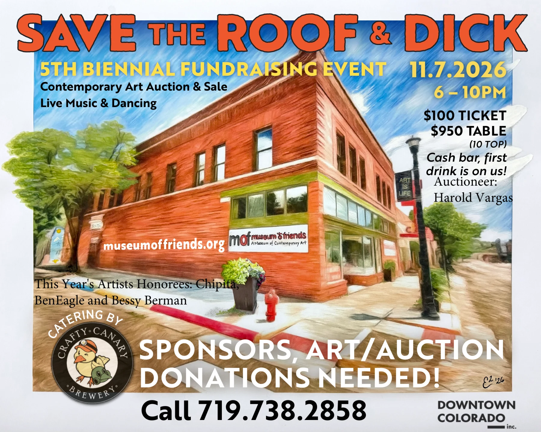 Save the Roof and Dick gala poster with a view of the Museum of Friends building and the event date, time, ticket prices, and sponsorship phone number.
