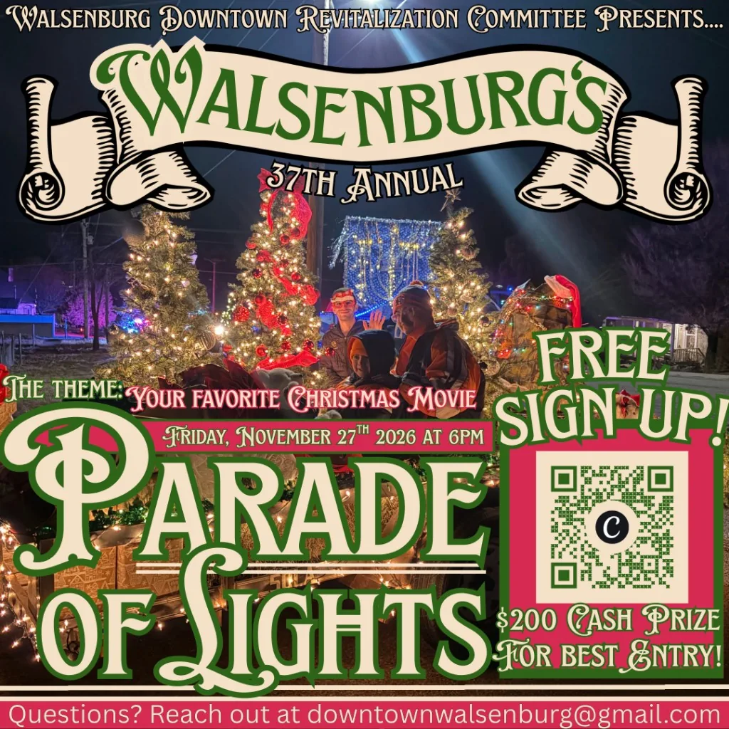 Official 37th Annual Walsenburg Parade of Lights flyer with lighted trees, a decorated float, a free sign-up notice, and a $200 cash prize.