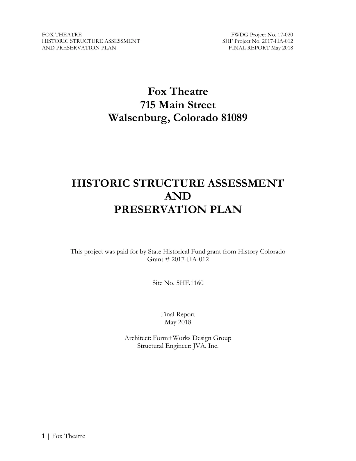 Cover of the final Fox Theatre Historic Structure Assessment and Preservation Plan.