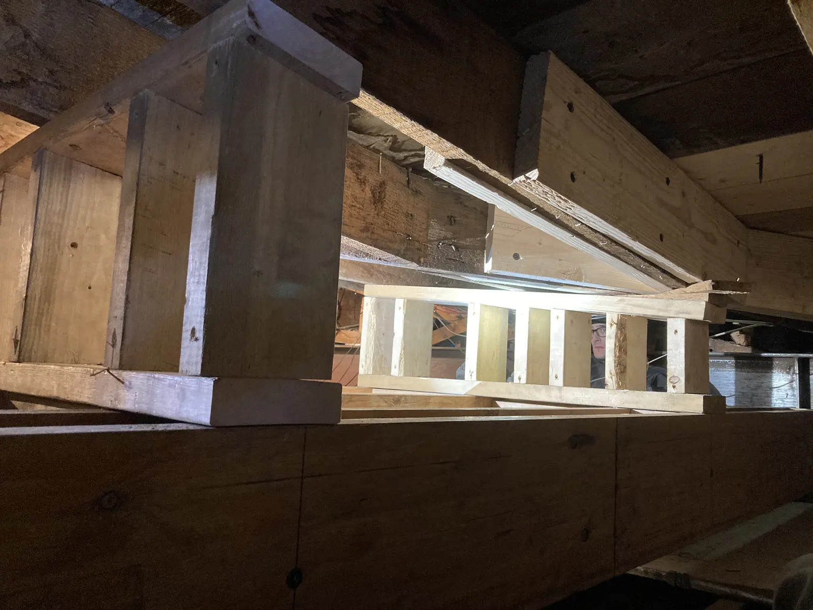 Close view of new timber blocking and reinforcement joined to dark historic roof framing.