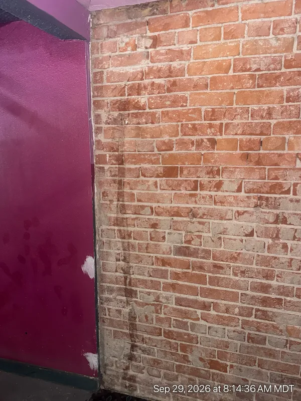 Exposed brickwork beside a purple-painted interior wall.